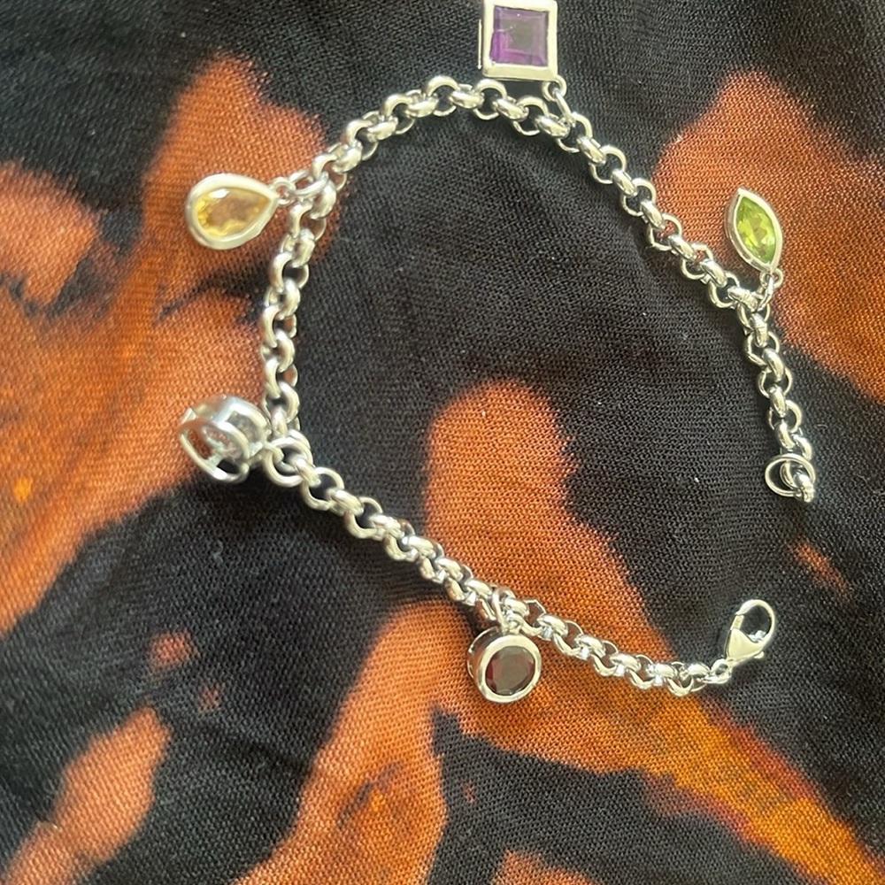 Silver Charm Bracelet with Multicolor Gemstones